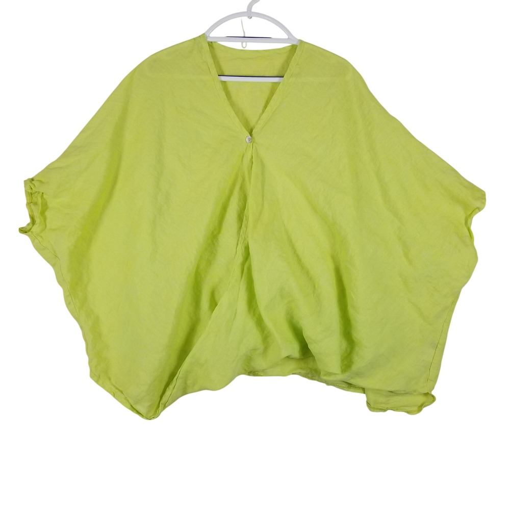Heydari Poncho Top Womens O/S Chartreuse 100% Linen Oversized V-Neck
